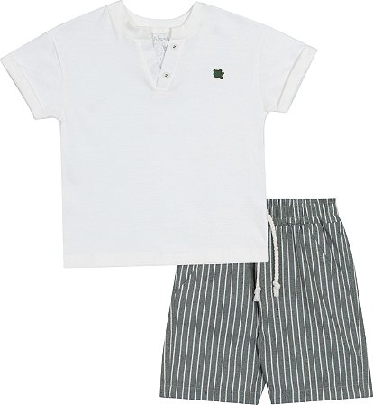 Conjunto Masc Camiseta Branca e Bermuda Verde C/ Listras - Nini e Bambini