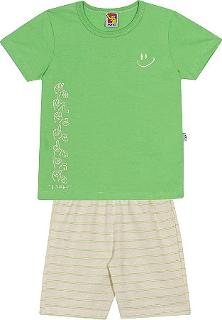 Conjunto Masc Camiseta Verde Alegria e  Bermuda Bege C/ Listras - Jaca Lelé