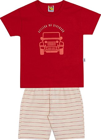 Conjunto Masc Camiseta Vermelha Acelera e Bermuda Areia Listras - Jaca Lelé