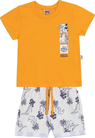Conjunto Masc Camiseta Laranja Aventura e Bermuda Bege - Jaca Lelé