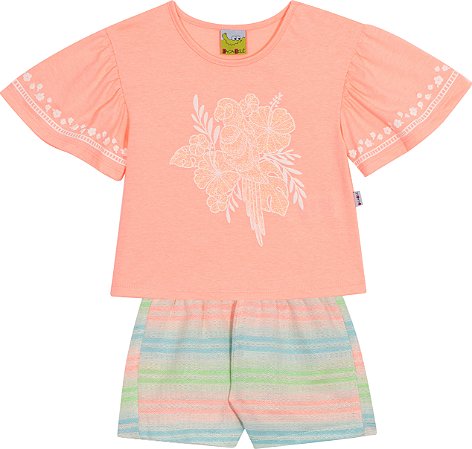 Conjunto Fem Blusa Rosa Neon e Short Arco-Iris - Jaca Lelé