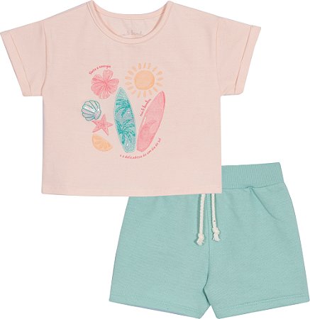 Conjunto Fem Blusa Rosa Energia e Short Moletinho Azul 01 - Nini e Bambini