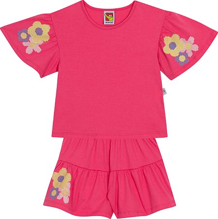 Conjunto Fem Blusa Manga Ampla e Short Rosa 02 - Jaca Lelé