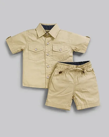 Conjunto Masc Camisa Bolsos e Bermuda Bege M - Anjos Baby