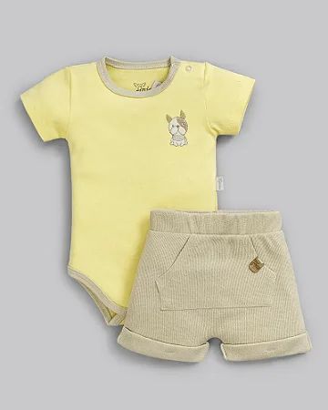 Conjunto Masc Body Amarelo e Bermuda Bege Pug Dog P - Anjos Baby