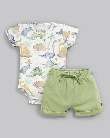 Conjunto Masc Body Dinos e Short Verde Suedine P - Anjos Baby