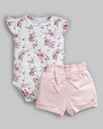 Conjunto Fem Body Florido e Short Suedine Rosa RN - Anjos Baby