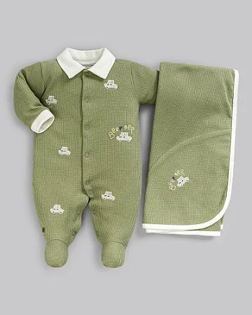 Saída Maternidade Masc Malha Trabalhada Carrinhos Verde RN - Anjos Baby