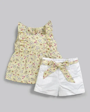Conjunto Fem Bata Florida Amarelo e Short Sarja G - Anjos Baby