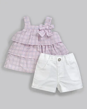 Conjunto Fem Bata Xadrez Rosa e Short Linho G - Anjos Baby