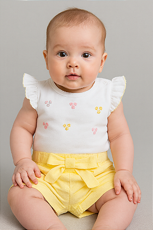 Conjunto Fem Body Florzinhas e Short Amarelo Laço P - Anjos Baby