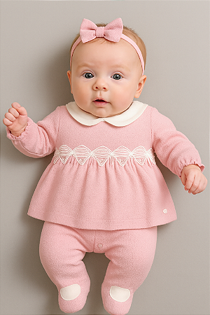 Macacão Fem Malha Tricot c/ Laços Rosa P - Anjos Baby