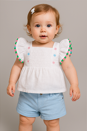 Conjunto Fem Bata c/ Bordados e Short Azul 01 - Anjos Baby