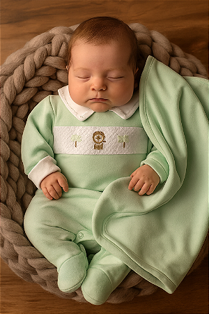 Saída Maternidade Masc Verde Bordado Leãozinho Suedine Pima P- Anjos Baby