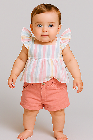 Conjunto Fem Bata Listras Coloridas e Short Viscolinho Rosa - Anjos Baby