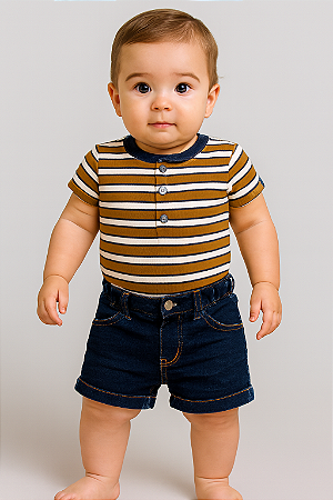 Conjunto Body Listras e Bermuda Jeans Escuro M - Anjos Baby