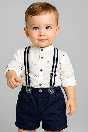 Conjunto Masc Body ML Cavalinhos e Short c/ Suspensório Bege - Anjos Baby