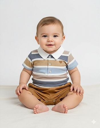 Conjunto Masc Body Listrado e Short Sarja Bege P - Anjos Baby