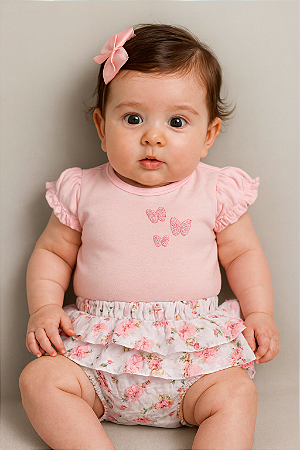 Conunto Fem Body Borboletas e Short Flores M - Anjos Baby