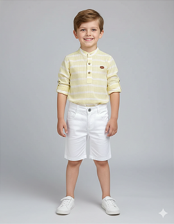 Conjunto Masc Camisa Listrada Amarelo e Bermuda Branca  - Anjos Baby