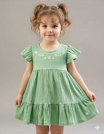Vestido Anarruga Verde Bordado  - Anjos Baby