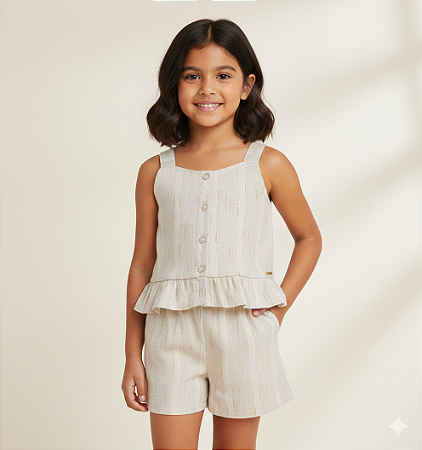 Conjunto Fem Bata de Alcinha e Short Palha C/ Fios Dourados - Nini e Bambini