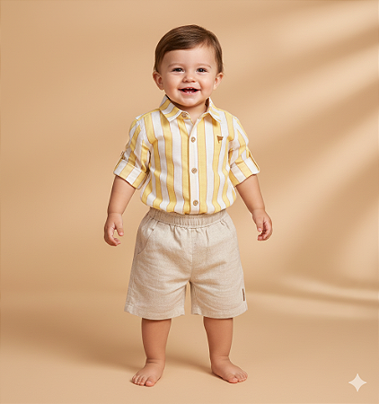 Conjunto Masc Camisa Listrada e Bermuda Bege 01 - Nini e Bambini