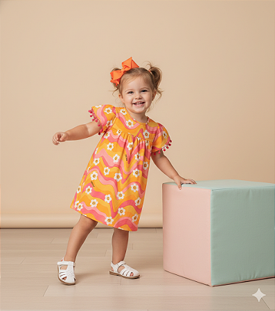 Vestido Manga C/ Pompom Margaridas - Jaca Lelé