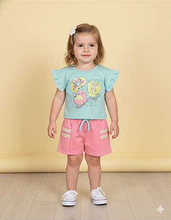 Conjunto Fem Blusa Amigas e Short Rosa C/ Detalhes 01 - Jaca Lelé