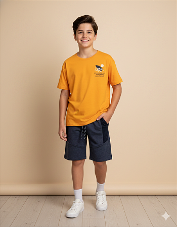 Conjunto Masc Camiseta Laranja Surf e Bermuda Azul 12 - Jaca Lelé