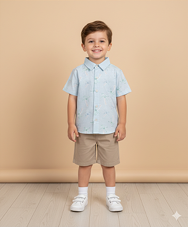 Conjunto Masc Camisa Palmeira Tricoline e Bermuda Sarja - Nini e Bambini