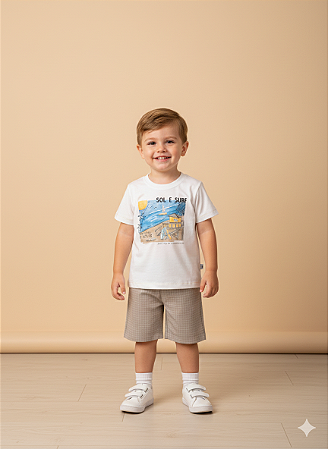 Conjunto Masc Camiseta Branca Sol e Bermuda Marrom 01 - Jaca Lelé