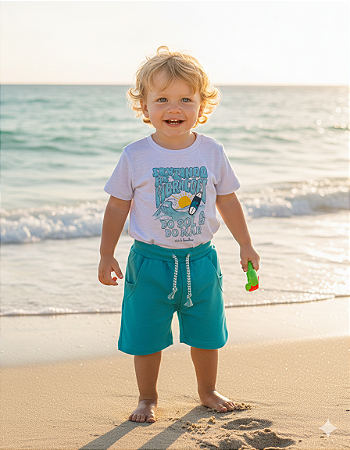 Conjunto Masc Camiseta Branca Vibrações e Bermuda Azul 01 - Nini e Bambini