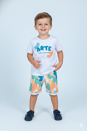 Conjunto Masc Camiseta Branca Arte e Bermuda Colorida - Jaca Lelé