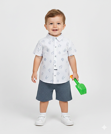 Conjunto Masc Camisa Branca Algas e Bermuda Azul 02 - Nini e Bambini