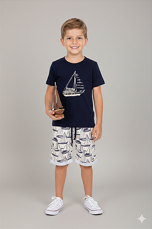 Conjunto Masc Camiseta Azul e Bermuda Veleiros - Jaca Lelé