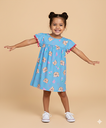 Vestido Azul Ursinhas Manga Pompom - Jaca Lelé