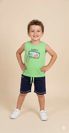 Conjunto Masc Regata Verde Sorria e Bermuda Azul - Jaca Lelé