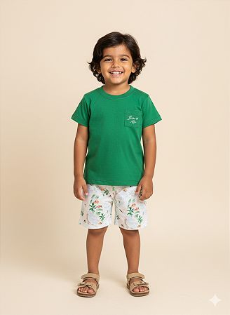 Conjunto Masc Camiseta Verde e Bermuda Estampada Tactel - Nini e Bambini