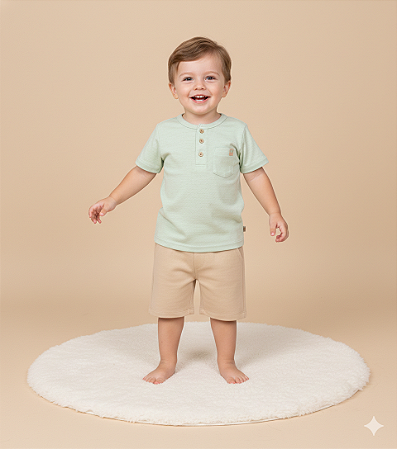 Conjunto Masc Camiseta Verde e Bermuda Bege 02 - Nini e Bambini