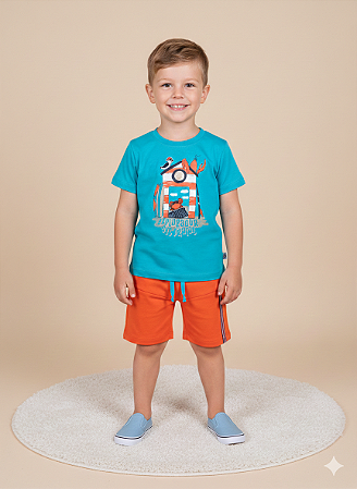 Conjunto Masc Camiseta Azul Caranguejo e Bermuda Tactel - Jaca Lelé