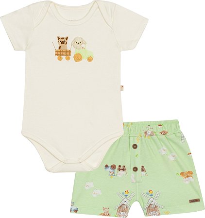 Conjunto Masc Body Fazendinha e Bermuda Verde M - Nini e Bambini