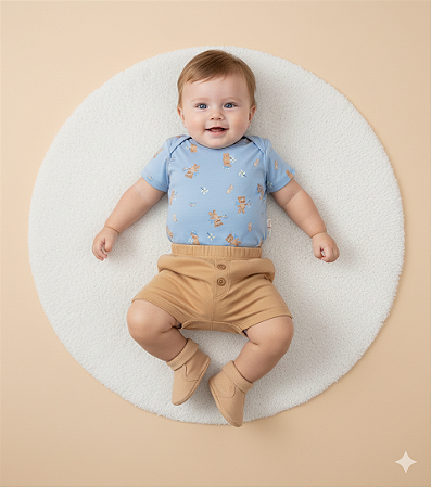Conjunto Masc Body Azul e Bermuda Marrom Ursinho M - Nini e Bambini