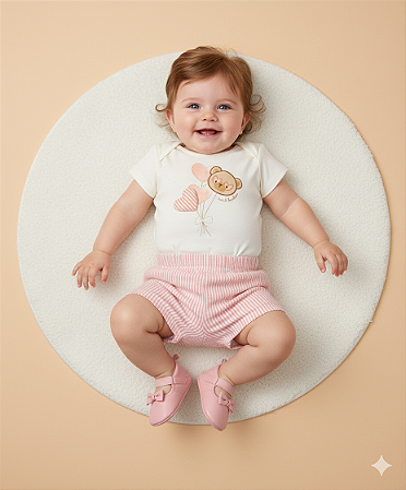 Conjunto Fem Body Suedine Corações e Short Listrado M - Nini e Bambini