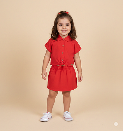 Conjunto Fem Cropped C/ Gola e Short Saia Vermelho 02 - Nini e Bambini