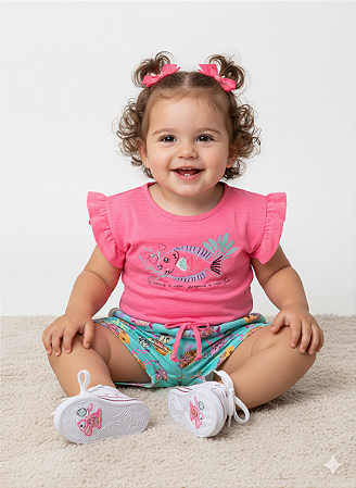 Conjunto Fem Blusa Rosa Preserve e Short Estampado 01 - Nini e Bambini