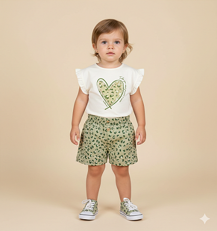 Conjunto Fem Blusa Off White e e Short Estampa Onça Verde 01 - Nini e Bambini