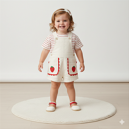 Conjunto Fem Blusa Listras e Jardineira Morango 01 - Nini e Bambini