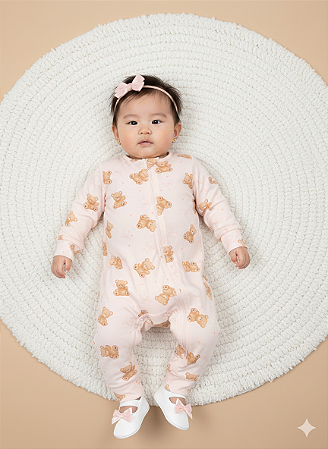 Macacão Fem Rosa Ursinhos e Laços - Nini Bambini