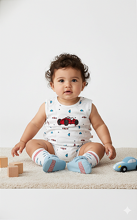 Macacão Curto Masc Carrinhos Branco M - Nini e Bambini